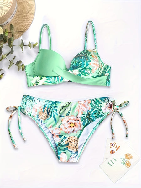 Tropical Print Underwire Bikini Set with Cross-Back Design