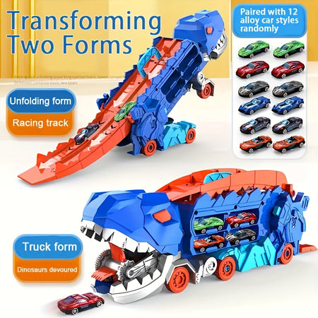 Dinosaur Ultimate Hauler Track Toy - Transforming Truck and T-rex With 12 Cars