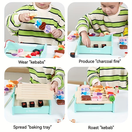 Wooden Deluxe Barbecue Grill &amp; Cooking Toy Set - Includes Seasonings and 2 Ropes