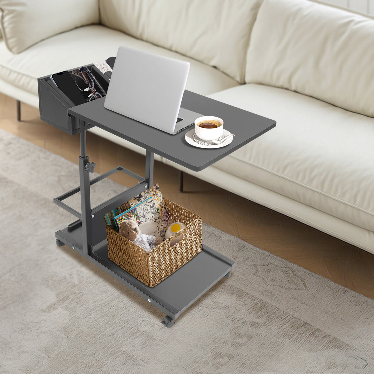 Black Mobile Side Table &ndash; Height Adjustable C-Shaped