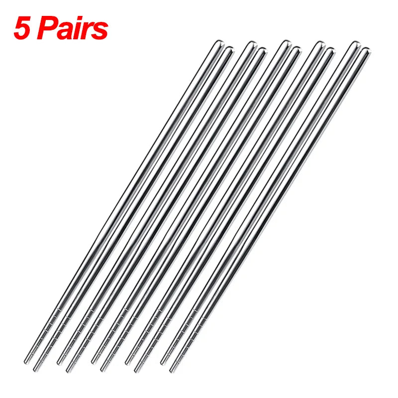 1/2/5 Pairs Chinese Chopsticks Stainless Steel Non-slip Sushi Chopstick Korean Japanese Food Metal Sticks Kitchen Tableware Set 5 pairs