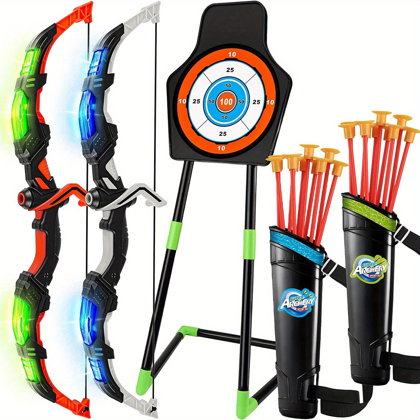Kids LED Light Bow And Arrow Toy Set - 2 Bows, 20 Suction Cup Arrows, Target Children's Bow And Arrow Set
