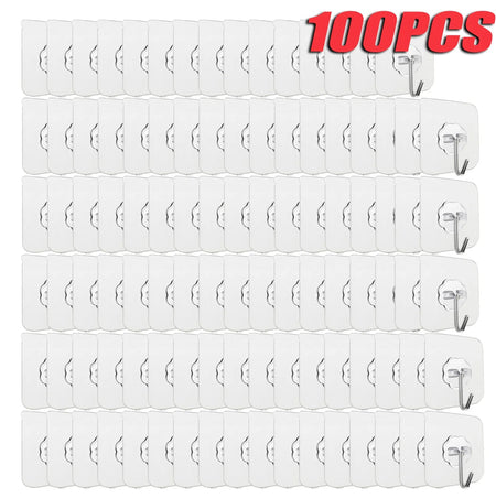 100PCS Transparent Stainless Steel Self-Adhesive Hooks Bathroom Towel Clothes Storage Sticker Hooks Key Hangers Storage 100 PCS