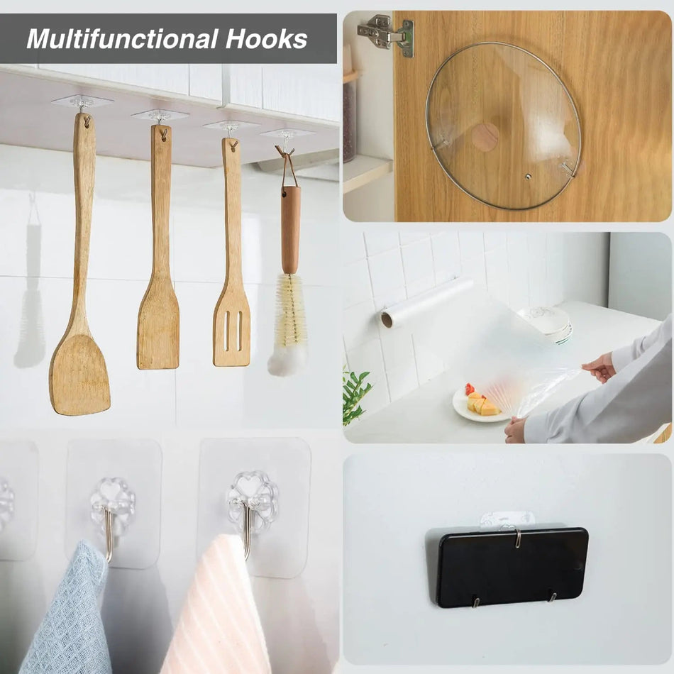 100PCS Transparent Stainless Steel Self-Adhesive Hooks Bathroom Towel Clothes Storage Sticker Hooks Key Hangers Storage
