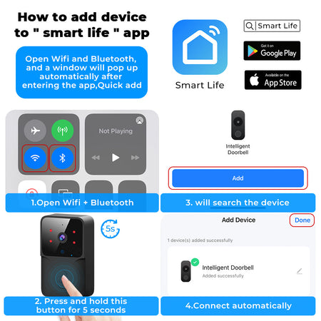 Smartlife And Tuya Wireless Intelligent Wifi Doorbell Outdoor High-Definition Camera Anti-Theft Door Bell