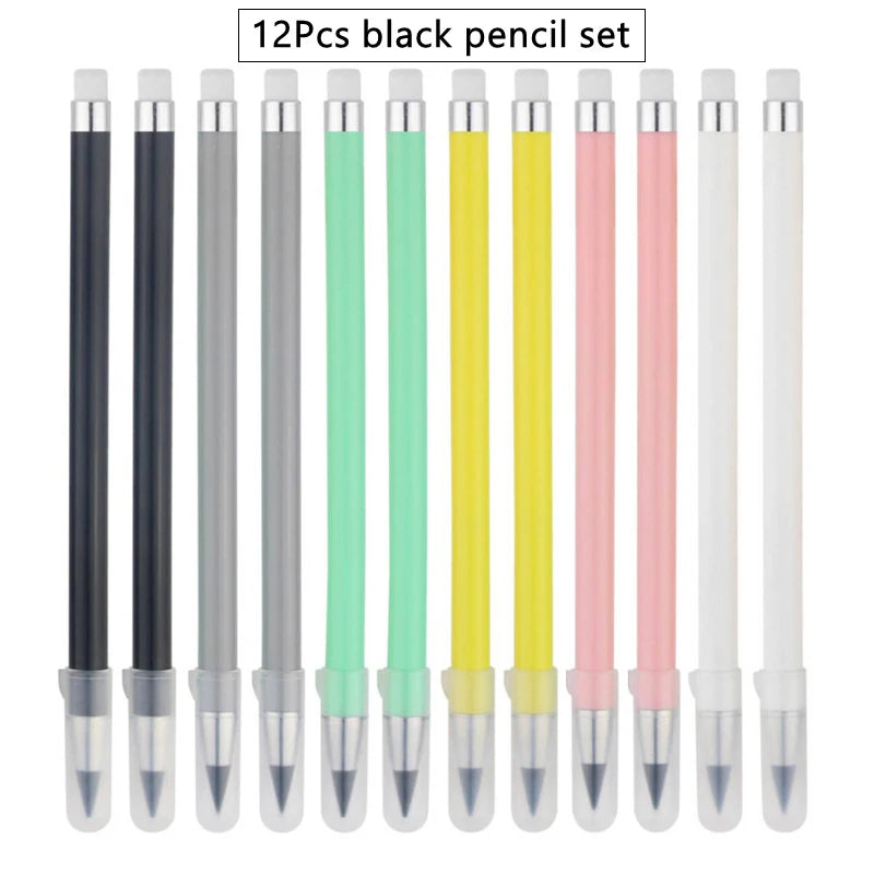 12 Color Pencil Set Cute Drawing Pencil Refill Unlimited Writing Pencils Eternal Erasable Pencil Pens for School Art Supplies 12Pcs black set