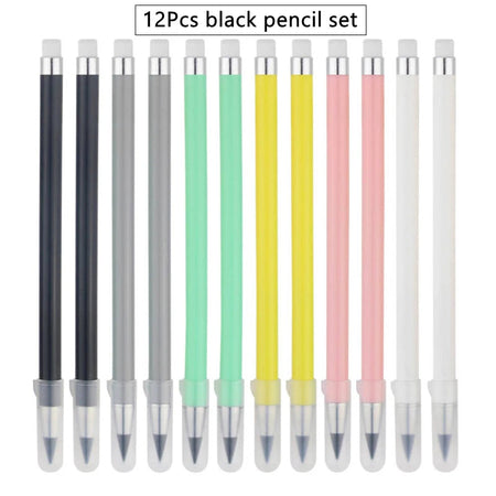 12 Color Pencil Set Cute Drawing Pencil Refill Unlimited Writing Pencils Eternal Erasable Pencil Pens for School Art Supplies 12Pcs black set