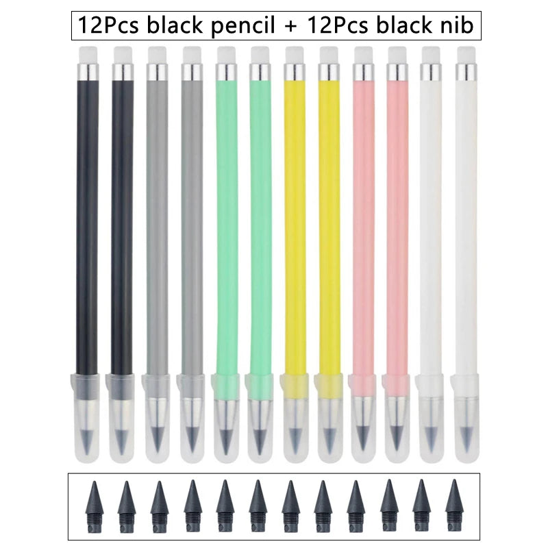 12 Color Pencil Set Cute Drawing Pencil Refill Unlimited Writing Pencils Eternal Erasable Pencil Pens for School Art Supplies 24Pcs black set