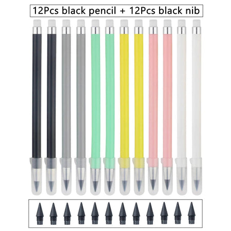 12 Color Pencil Set Cute Drawing Pencil Refill Unlimited Writing Pencils Eternal Erasable Pencil Pens for School Art Supplies 24Pcs black set