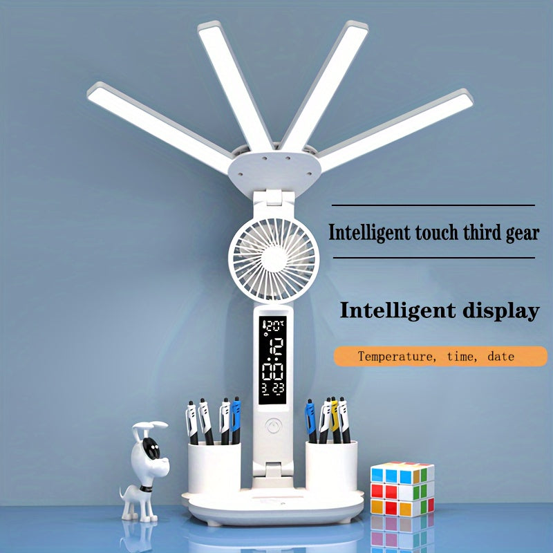 LED Folding Desk Lamp with 4-Head Fan - Smart Desk Lamp for Student Dormitory &amp; Bedroom White
