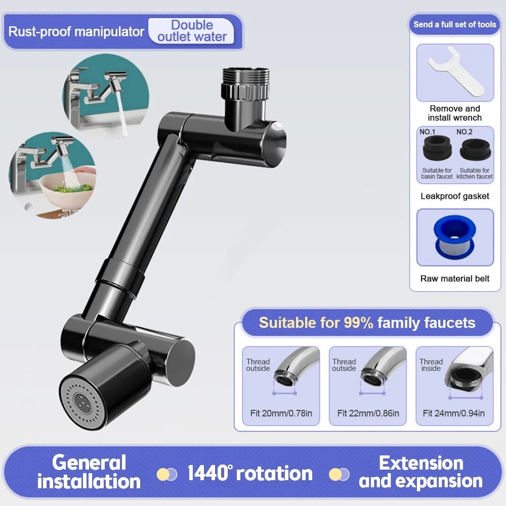 1440&amp;deg; Rotatable Scalable Metal Faucet Aerator Bathroom Tap Splash-proof Bubbler Faucet Filter Nozzle Tap Saving Water Extender Dual Modes - Black