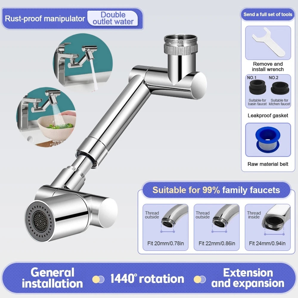 1440&amp;deg; Rotatable Scalable Metal Faucet Aerator Bathroom Tap Splash-proof Bubbler Faucet Filter Nozzle Tap Saving Water Extender Dual Modes - Silver