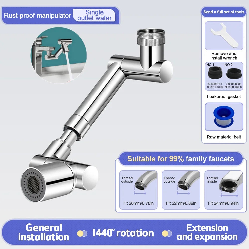 1440&amp;deg; Rotatable Scalable Metal Faucet Aerator Bathroom Tap Splash-proof Bubbler Faucet Filter Nozzle Tap Saving Water Extender Single Mode - Silver