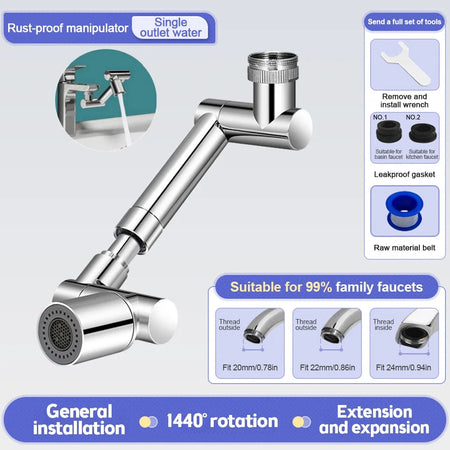 1440&amp;deg; Rotatable Scalable Metal Faucet Aerator Bathroom Tap Splash-proof Bubbler Faucet Filter Nozzle Tap Saving Water Extender Single Mode - Silver