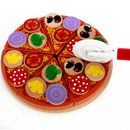 Wooden Simulation Vegetable Mushroom Pizza Cut Into Pieces Play House Toys Simulation Pizza Slicer