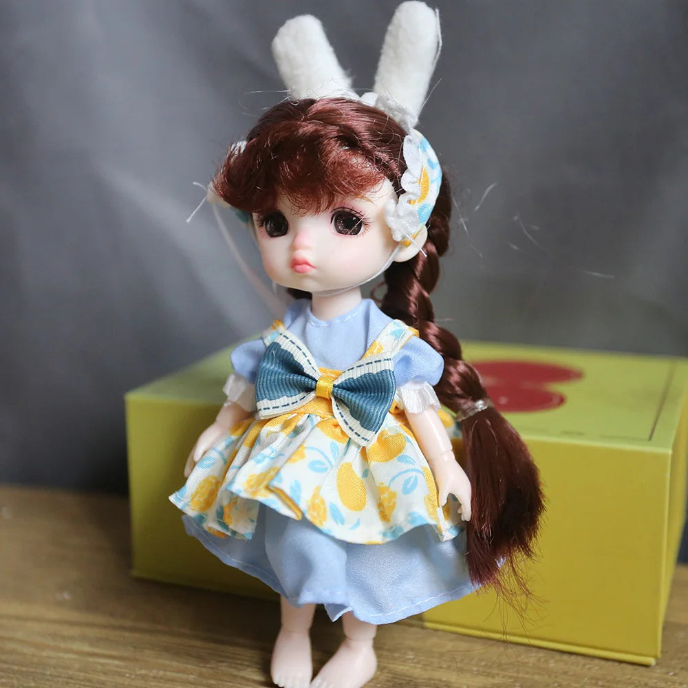 16cm Blue Eyes Bjd Doll Lolita Dress BJD 13 Joint  Dolls Smile Round Face Toys Little Girl Full set doll Gift for Birthday Dolls blue