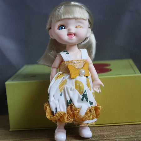 16cm Blue Eyes Bjd Doll Lolita Dress BJD 13 Joint  Dolls Smile Round Face Toys Little Girl Full set doll Gift for Birthday Dolls navy yellow