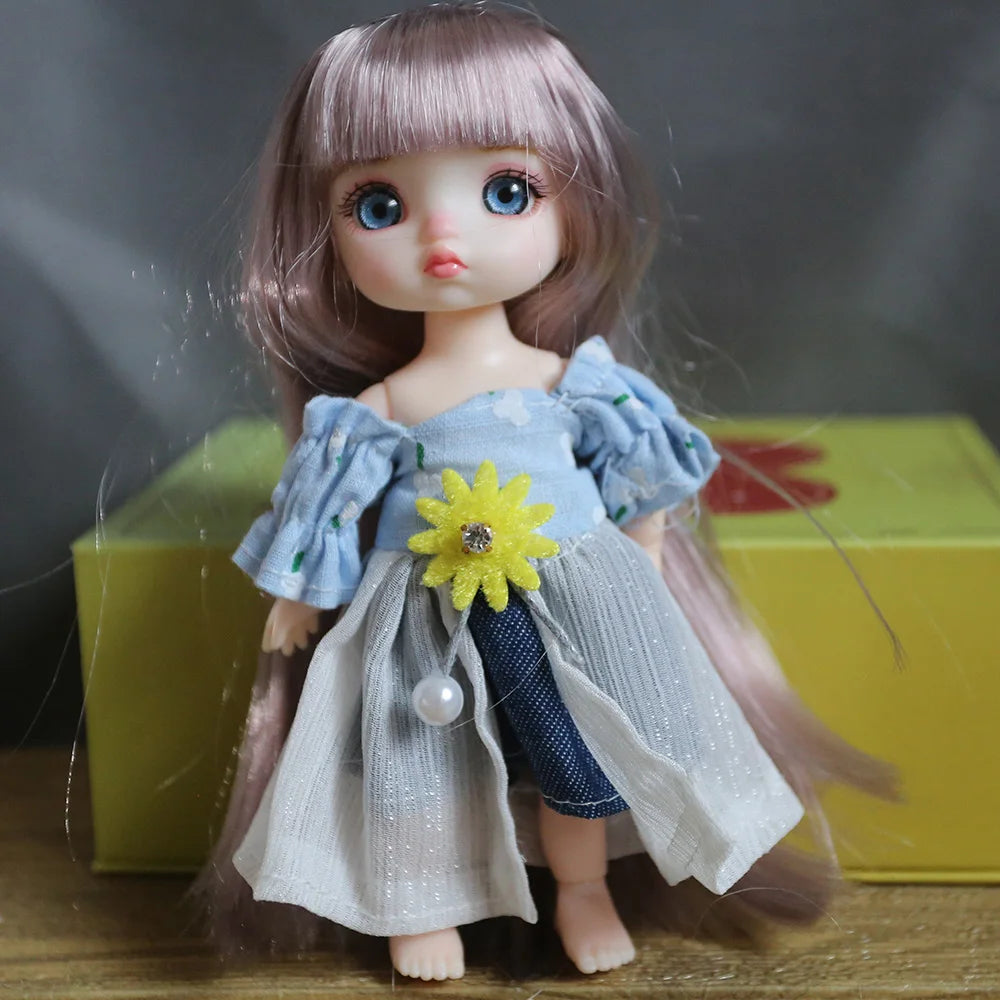 16cm Blue Eyes Bjd Doll Lolita Dress BJD 13 Joint  Dolls Smile Round Face Toys Little Girl Full set doll Gift for Birthday Dolls pout blue