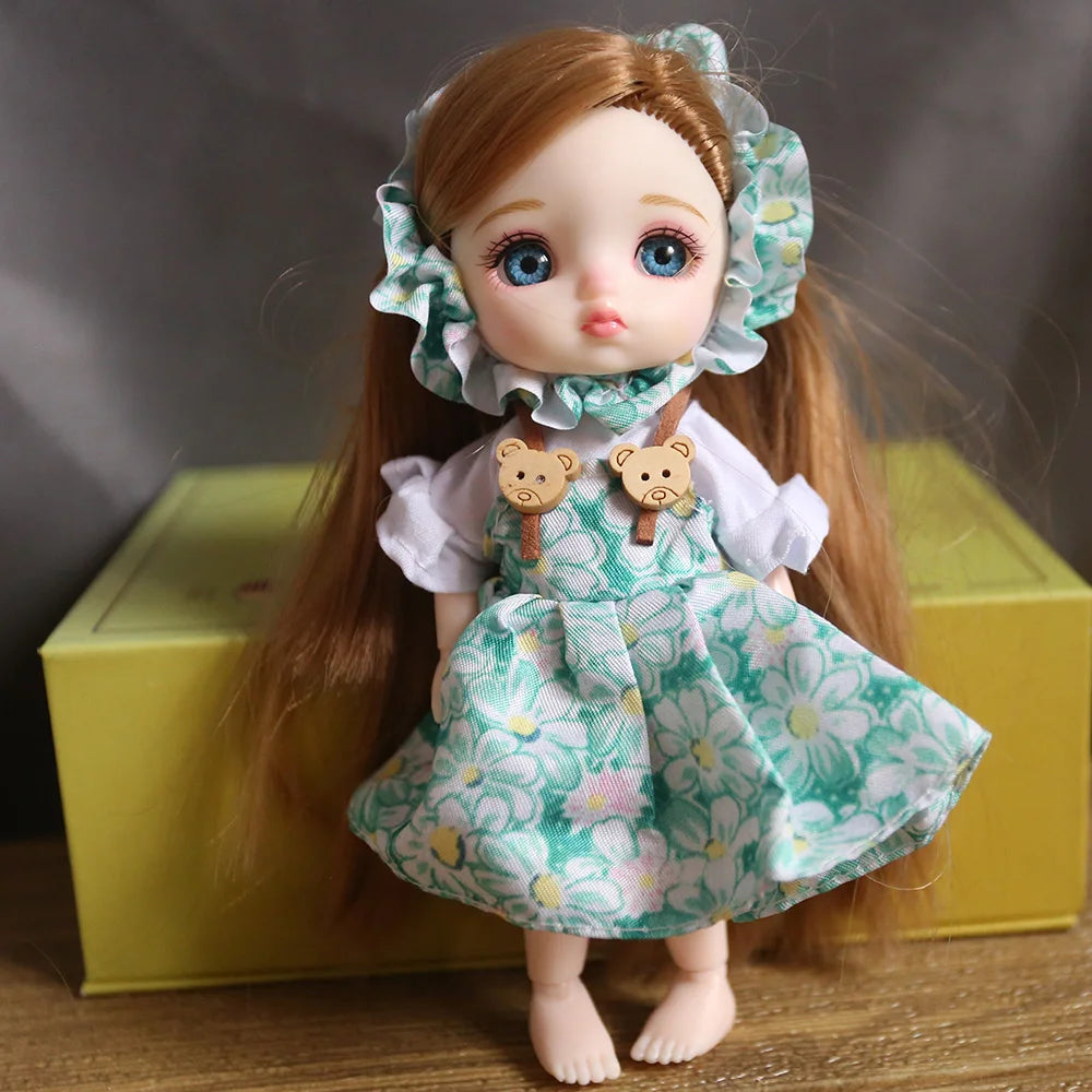 16cm Blue Eyes Bjd Doll Lolita Dress BJD 13 Joint  Dolls Smile Round Face Toys Little Girl Full set doll Gift for Birthday Dolls pout green