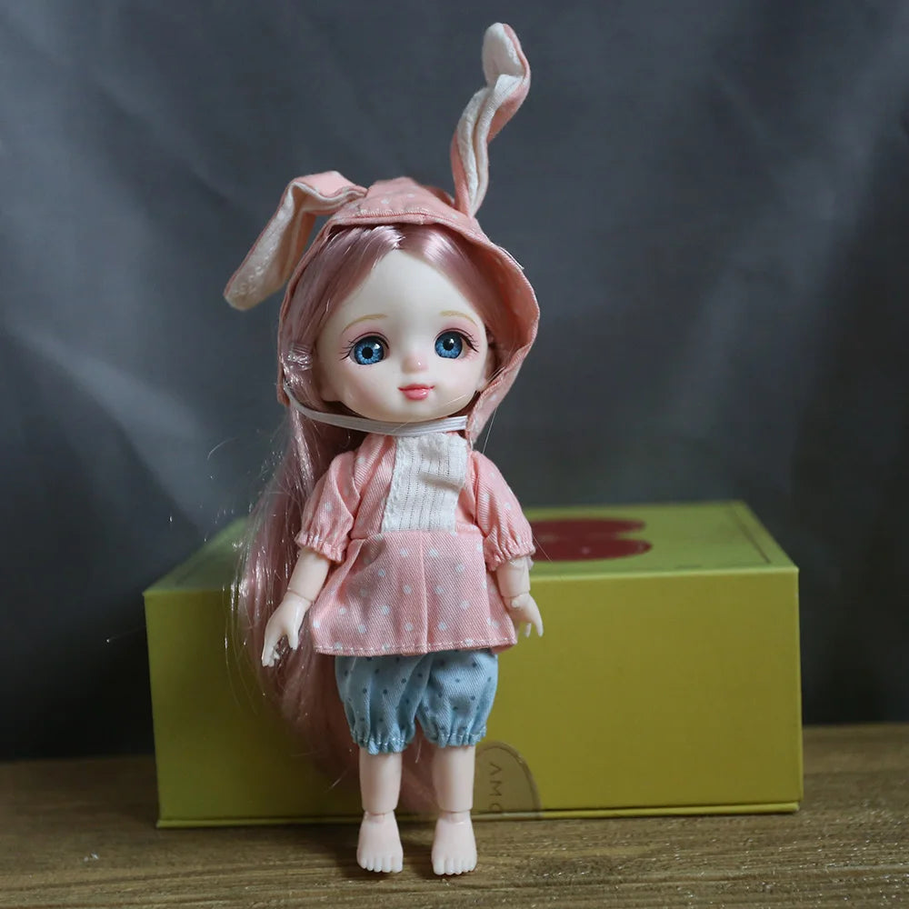 16cm Blue Eyes Bjd Doll Lolita Dress BJD 13 Joint  Dolls Smile Round Face Toys Little Girl Full set doll Gift for Birthday Dolls smile pink