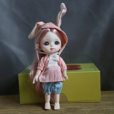 16cm Blue Eyes Bjd Doll Lolita Dress BJD 13 Joint  Dolls Smile Round Face Toys Little Girl Full set doll Gift for Birthday Dolls smile pink