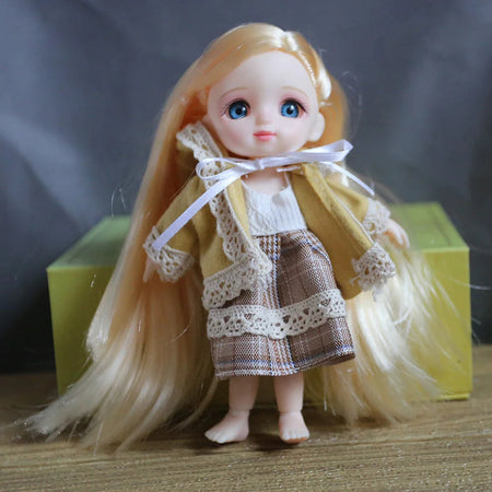 16cm Blue Eyes Bjd Doll Lolita Dress BJD 13 Joint  Dolls Smile Round Face Toys Little Girl Full set doll Gift for Birthday Dolls smile yellow