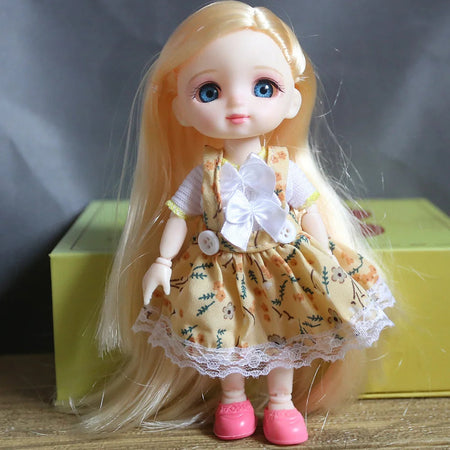 16cm Blue Eyes Bjd Doll Lolita Dress BJD 13 Joint  Dolls Smile Round Face Toys Little Girl Full set doll Gift for Birthday Dolls smile yellowF