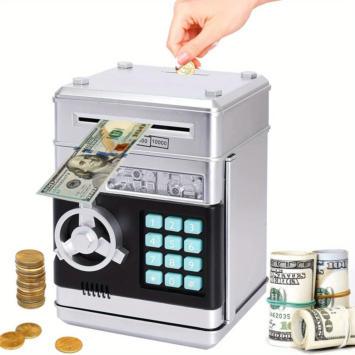 Mini ATM Coin Bank with Password - Cash &amp; Coin Savings Jar Toy Silvery Black Piggy Bank Jar