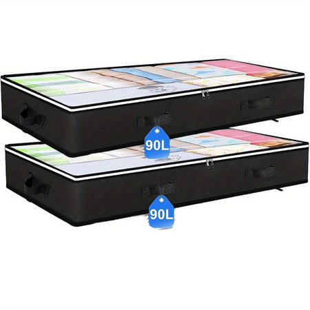 Large Underbed Storage Box Set with Clear Window and Sturdy Handles - Ideal for Clothes, Quilts, and Toys Organization Black / 2pcs