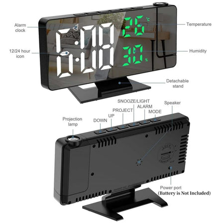180&amp;deg; Arm Projection Digital Alarm Clock Temperature Humidity Night Mode Snooze Table Clock 12/24H USB Projector LED Clock