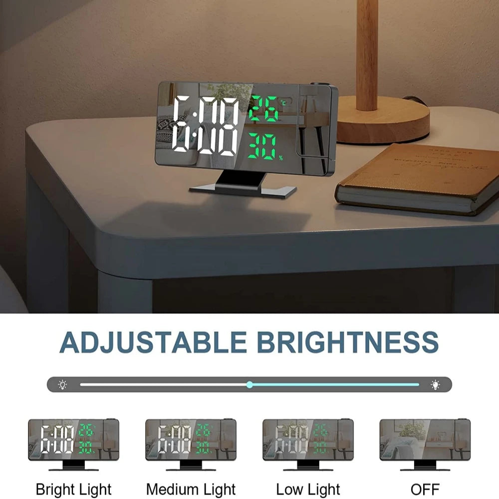 180&amp;deg; Arm Projection Digital Alarm Clock Temperature Humidity Night Mode Snooze Table Clock 12/24H USB Projector LED Clock