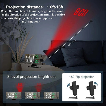180&amp;deg; Arm Projection Digital Alarm Clock Temperature Humidity Night Mode Snooze Table Clock 12/24H USB Projector LED Clock