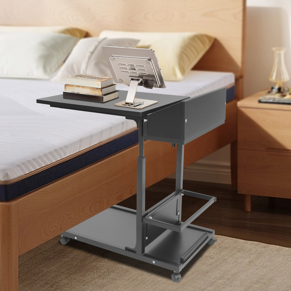 Black Mobile Side Table &ndash; Height Adjustable C-Shaped
