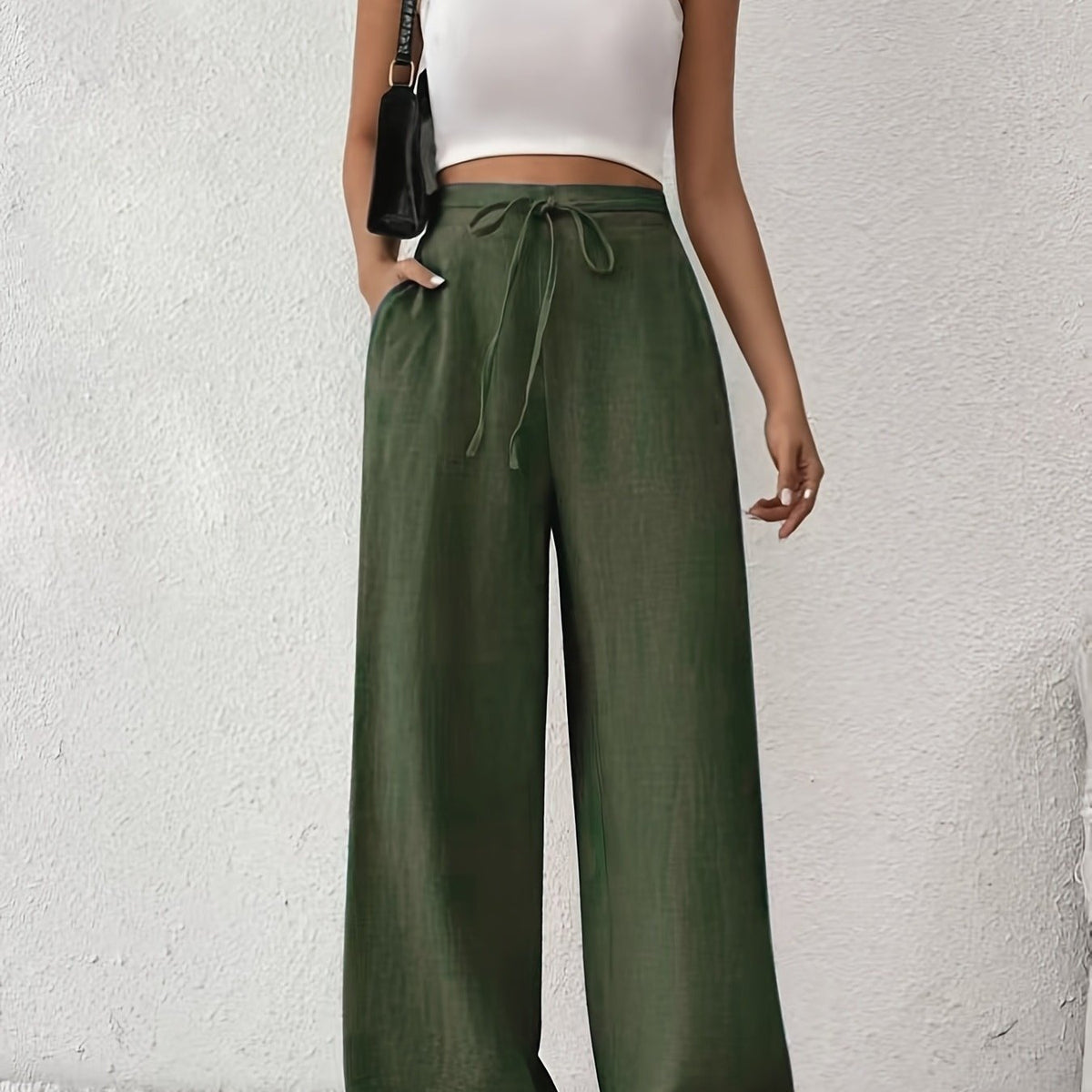 Casual French-Style Wide-Leg Pants with Pockets Army Green / XXL