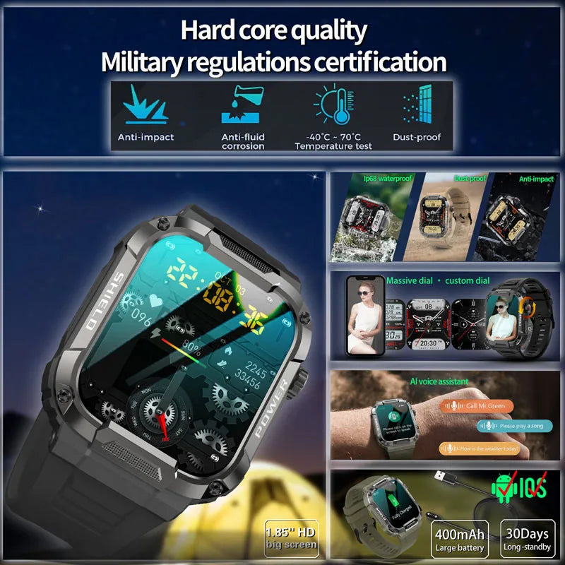 2023 Men Smart Watch 1.85'' 400mAh Bluetooth Call Health Monitor Swim Waterproof Sport Smartwatch for IOS Android Phone Outdoor