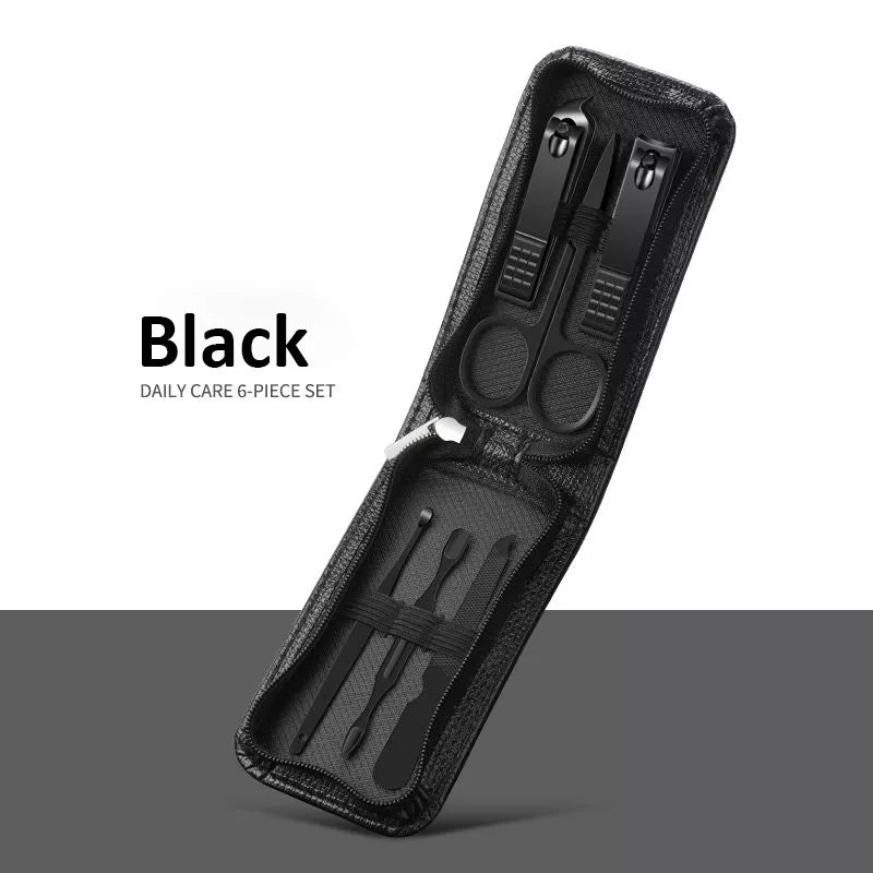 2023 New 6 Pcs Portable Luxury Manicure Sets Pedicure Kits Bright Black Nail Clipper Set Personal Care Tools Eyebrow Scissors