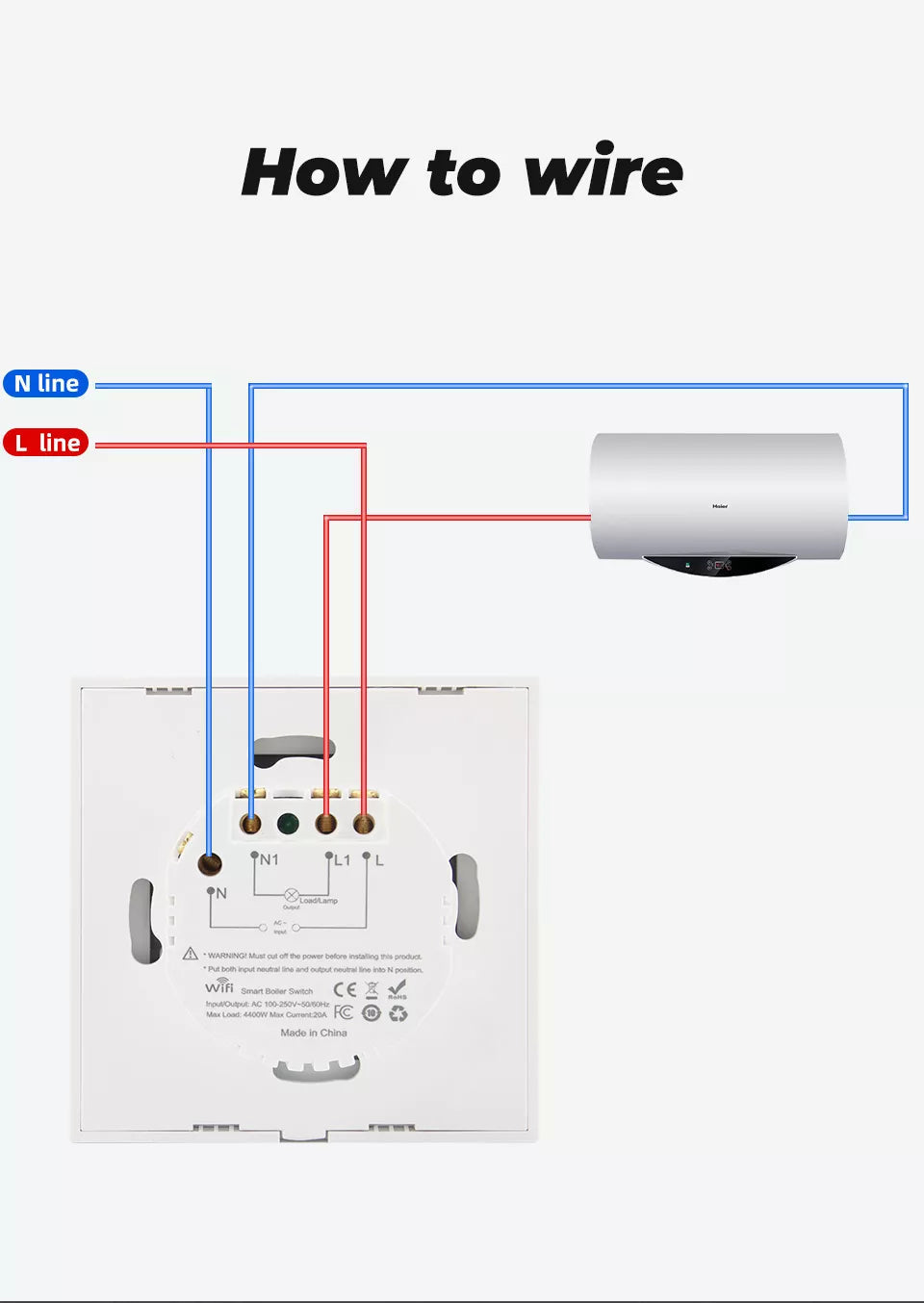 20A Tuya EU Smart Touch Wall WiFi Boiler Smart Heater Switch Water Heater Remote Voice Timer Google Home Alexa. (Apple/Android) Colours black/white.