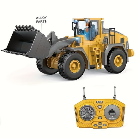 11 Channel RC Excavator Toy with Metal Shovel, Remote Control Bulldozer Vehicles - Gift with Light and Sound Yellow - 9-channel loader