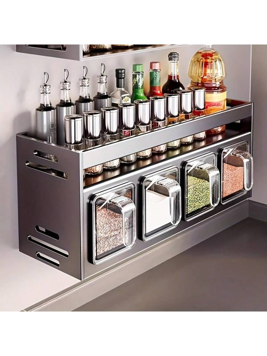 Multicolour Wall-Mounted Rust-Resistant Spice Rack with Storage Canisters