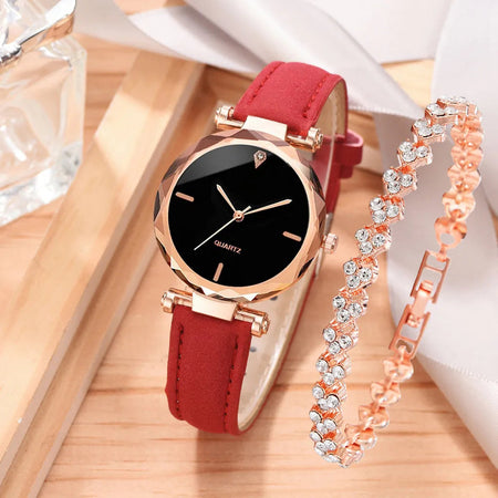 2pcs Luxury Fashion Women Watch Set PU Leather Strap Ladies Quartz Wristwatch Rhinestone RoseGold Alloy Bracelet for Ladies Gift