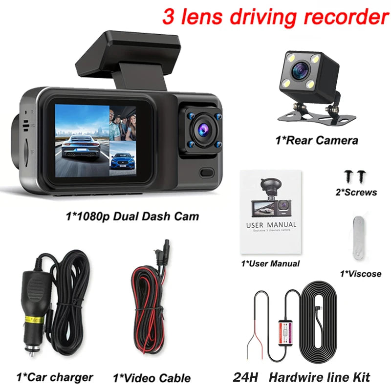 3 Channel Dash Cam for Cars Camera Black Box 1080P Video Recorder Rear View Camera for Vehicle Car DVR car accessories 3 Channel-BL / With 32G TF Card