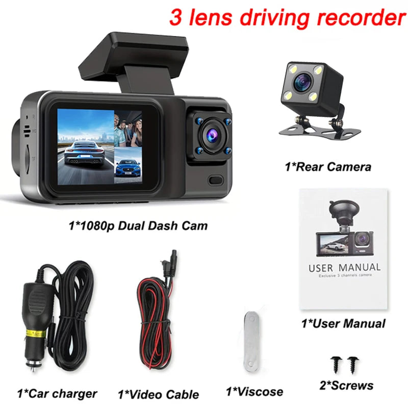 3 Channel Dash Cam for Cars Camera Black Box 1080P Video Recorder Rear View Camera for Vehicle Car DVR car accessories 3 Channel / With 64G TF Card