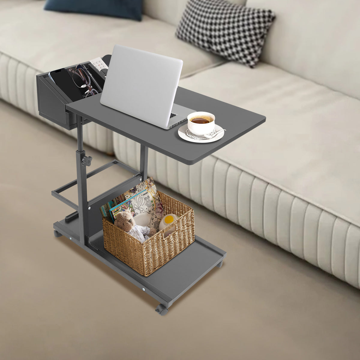 Black Mobile Side Table &ndash; Height Adjustable C-Shaped