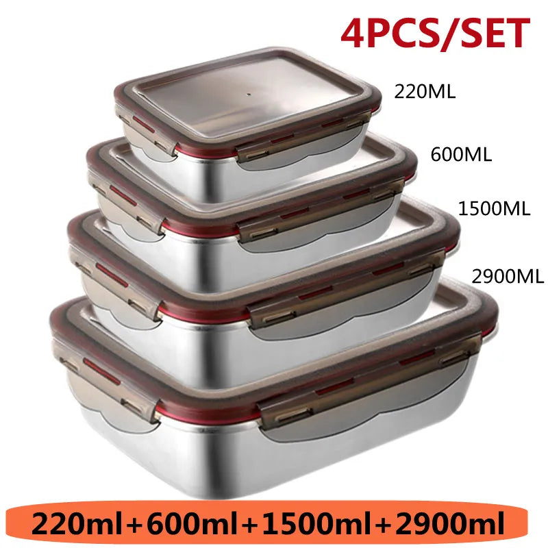 304 Stainless Steel Food Lunch Bento Box Sealed Leakproof Travel Storage Box Household Pickle Box Microwave Heating Lunchboxs 4PCS 1SET
