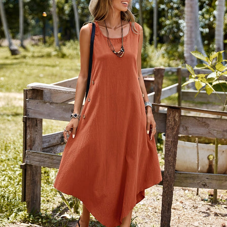 Elegant Asymmetrical Hem A-Line Dress in Solid Polyester