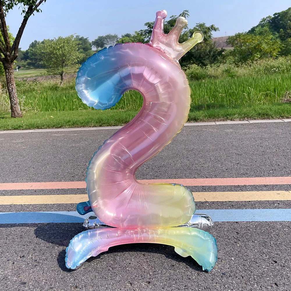 32 Inch Crystal Gradient Number Stand Foil Balloons with Crown Figures