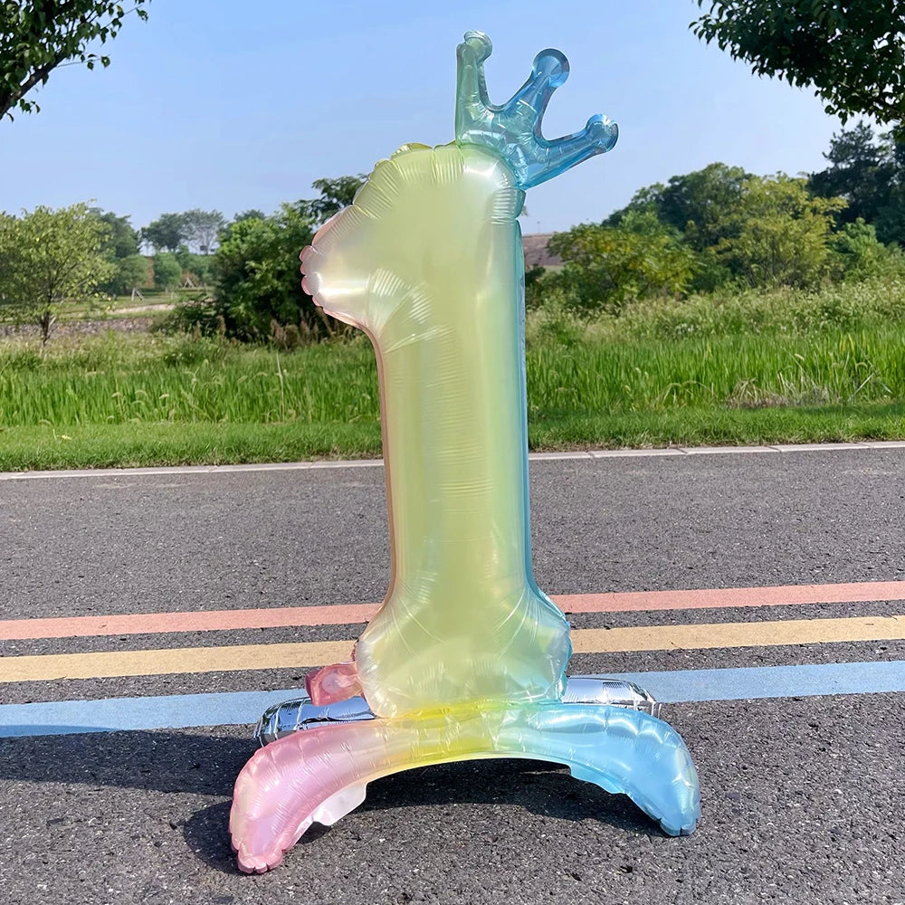 32 Inch Crystal Gradient Number Stand Foil Balloons with Crown Figures