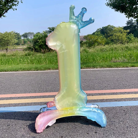 32 Inch Crystal Gradient Number Stand Foil Balloons with Crown Figures