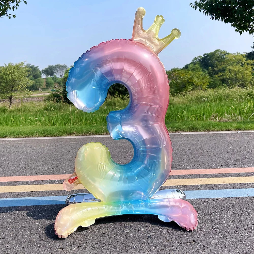 32 Inch Crystal Gradient Number Stand Foil Balloons with Crown Figures