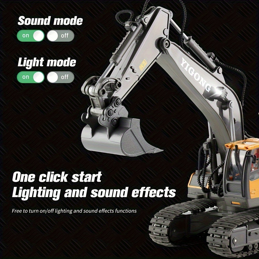 11 Channel RC Excavator Toy with Metal Shovel, Remote Control Bulldozer Vehicles - Gift with Light and Sound